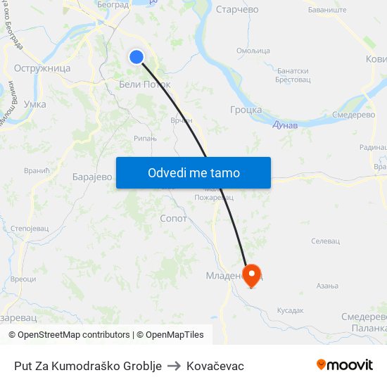 Put Za Kumodraško Groblje to Kovačevac map