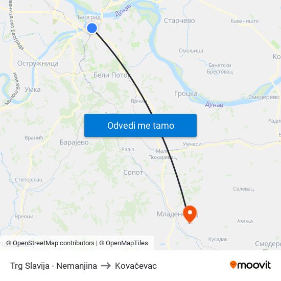 Trg Slavija - Nemanjina to Kovačevac map