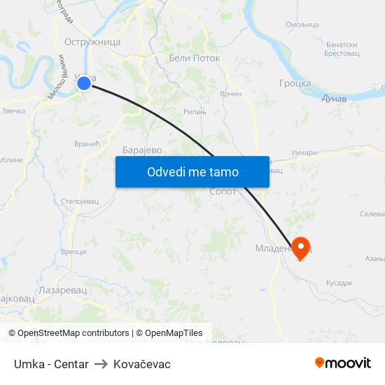 Umka - Centar to Kovačevac map