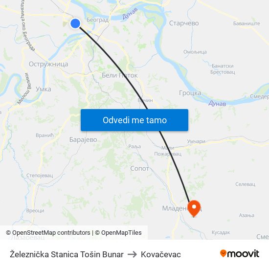 Železnička Stanica Tošin Bunar to Kovačevac map