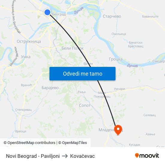 Novi Beograd - Paviljoni to Kovačevac map