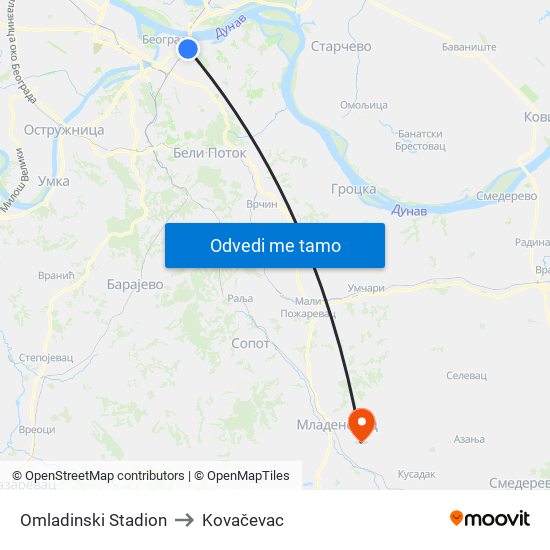 Omladinski Stadion to Kovačevac map