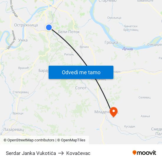 Serdar Janka Vukotića to Kovačevac map