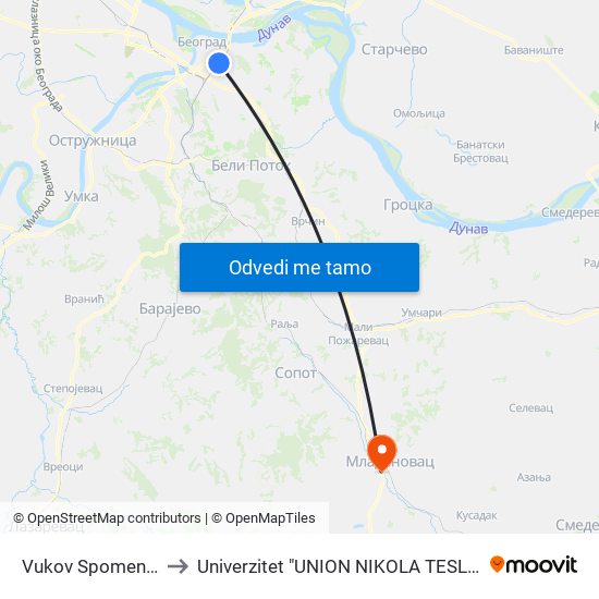 Vukov Spomenik to Univerzitet "UNION NIKOLA TESLA" map