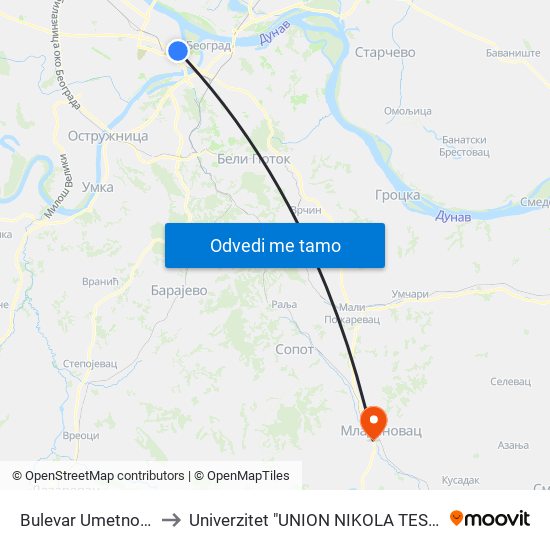 Bulevar Umetnosti to Univerzitet "UNION NIKOLA TESLA" map