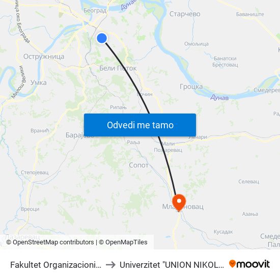 Fakultet Organizacionih Nauka to Univerzitet "UNION NIKOLA TESLA" map
