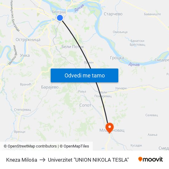 Kneza Miloša to Univerzitet "UNION NIKOLA TESLA" map