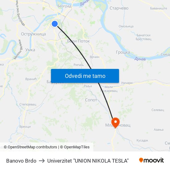 Banovo Brdo to Univerzitet "UNION NIKOLA TESLA" map