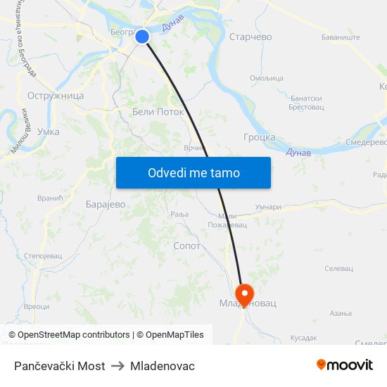 Pančevački Most to Mladenovac map