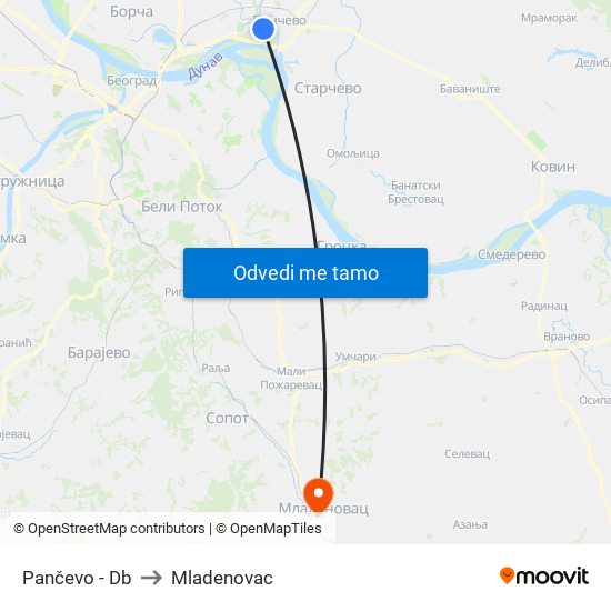 Pančevo - Db to Mladenovac map