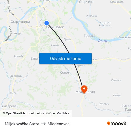 Miljakovačke Staze to Mladenovac map