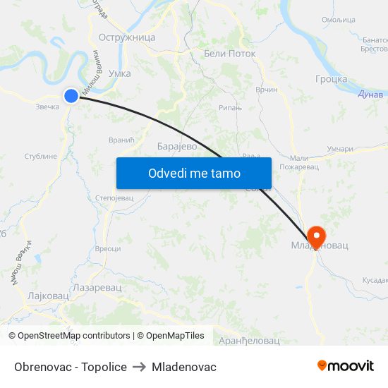 Obrenovac - Topolice to Mladenovac map