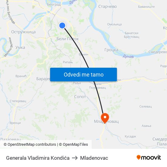 Generala Vladimira Kondića to Mladenovac map
