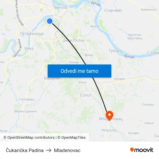Čukarička Padina to Mladenovac map