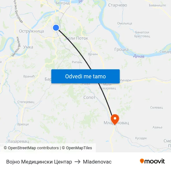 Војно Медицински Центар to Mladenovac map