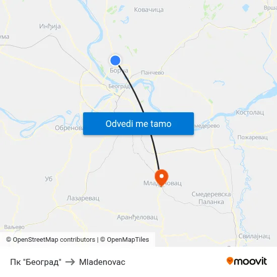 Пк "Београд" to Mladenovac map