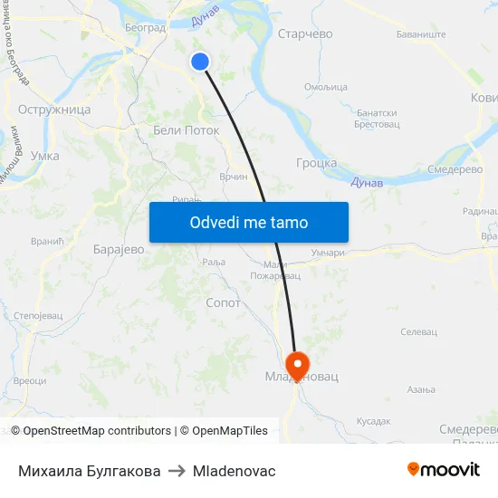 Михаила Булгакова to Mladenovac map