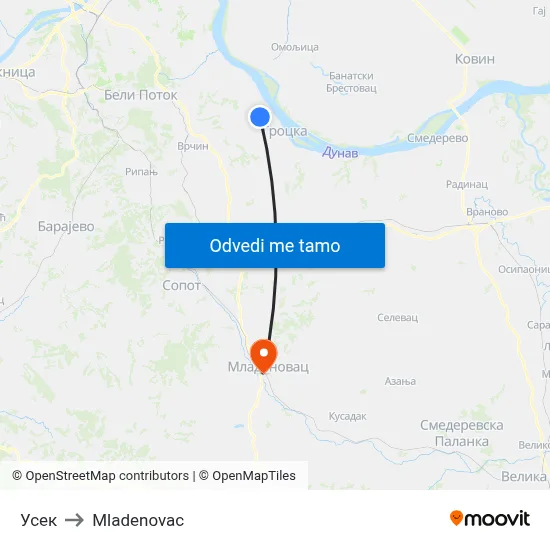 Усек to Mladenovac map