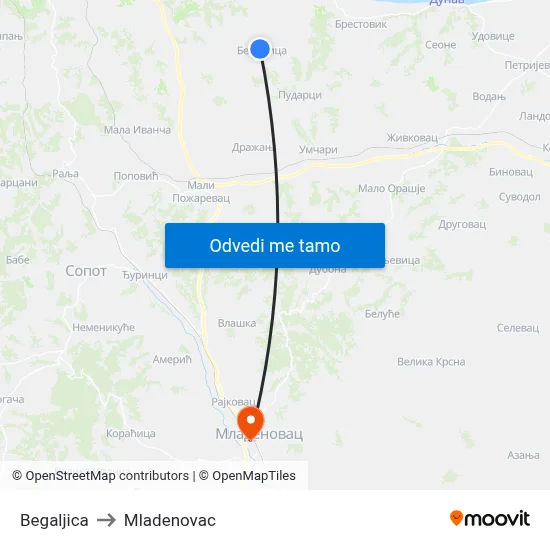 Begaljica to Mladenovac map