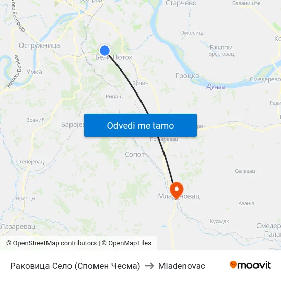 Раковица Село (Спомен Чесма) to Mladenovac map