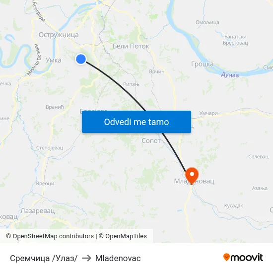 Сремчица /Улаз/ to Mladenovac map