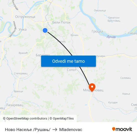 Ново Насеље /Рушањ/ to Mladenovac map