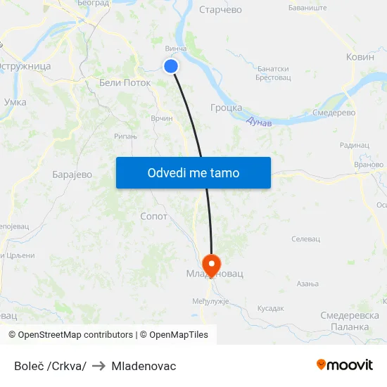 Boleč /Crkva/ to Mladenovac map