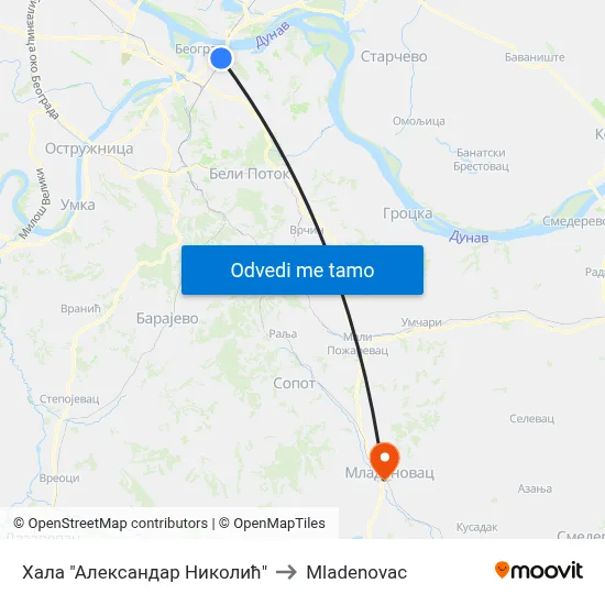 Хала "Александар Николић" to Mladenovac map