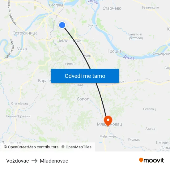 Voždovac to Mladenovac map