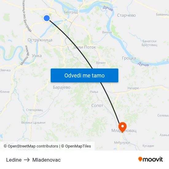 Ledine to Mladenovac map
