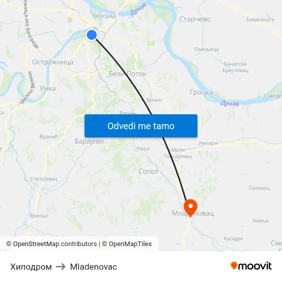 Хиподром to Mladenovac map