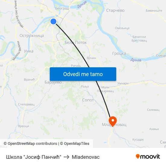 Школа "Јосиф Панчић" to Mladenovac map