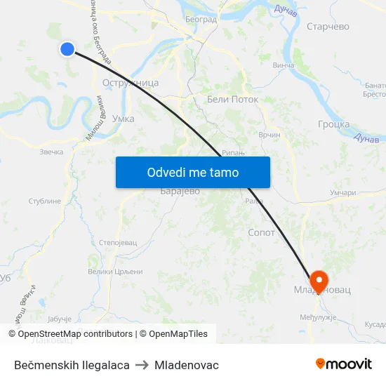 Bečmenskih Ilegalaca to Mladenovac map