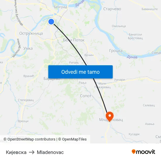 Кијевска to Mladenovac map