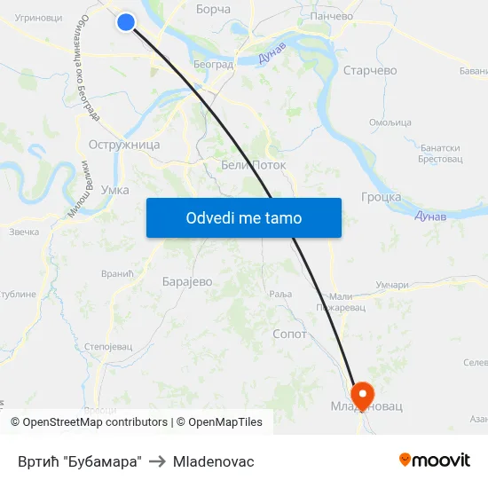 Вртић "Бубамара" to Mladenovac map