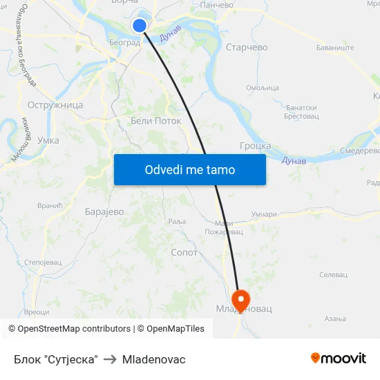 Блок "Сутјеска" to Mladenovac map