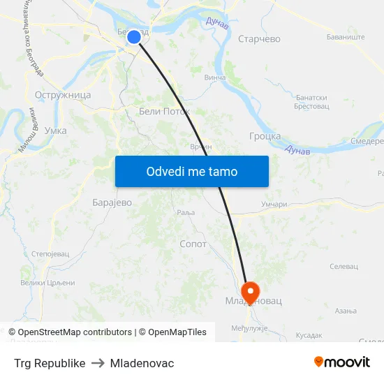 Trg Republike to Mladenovac map