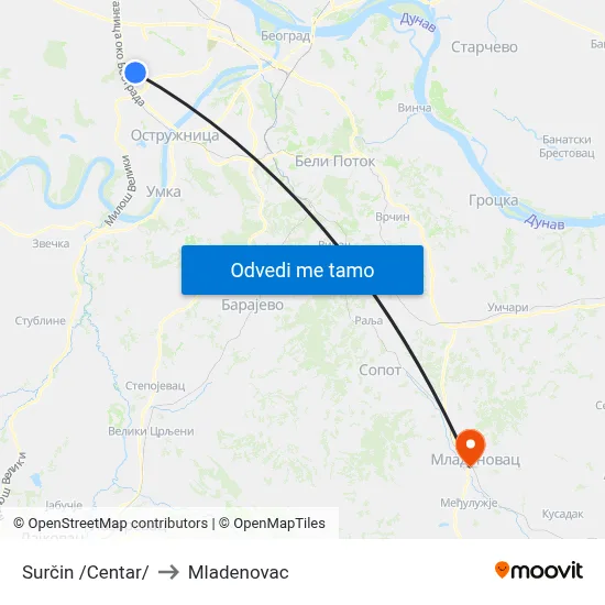 Surčin /Centar/ to Mladenovac map