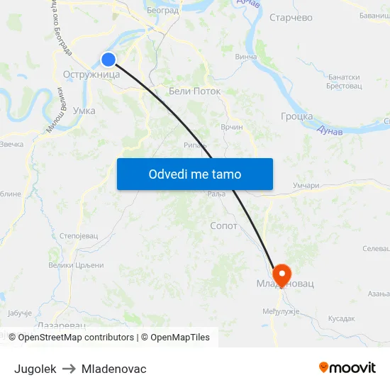 Jugolek to Mladenovac map