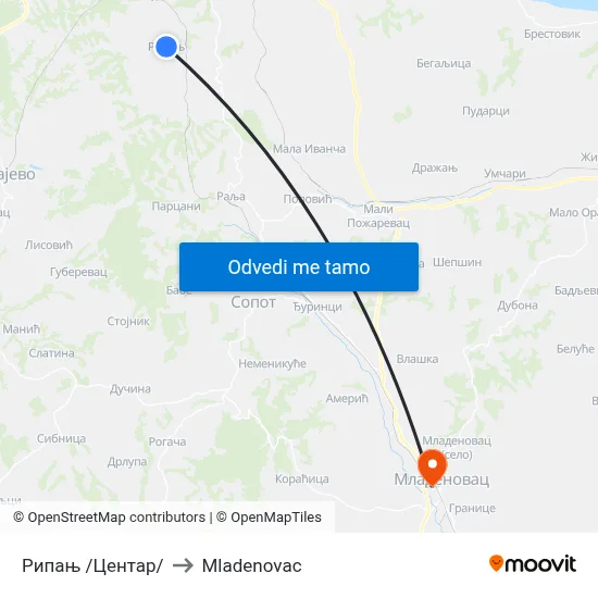 Рипањ /Центар/ to Mladenovac map