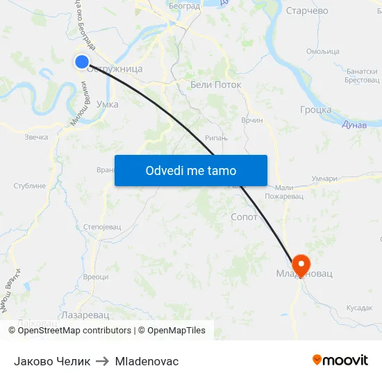 Јаково Челик to Mladenovac map