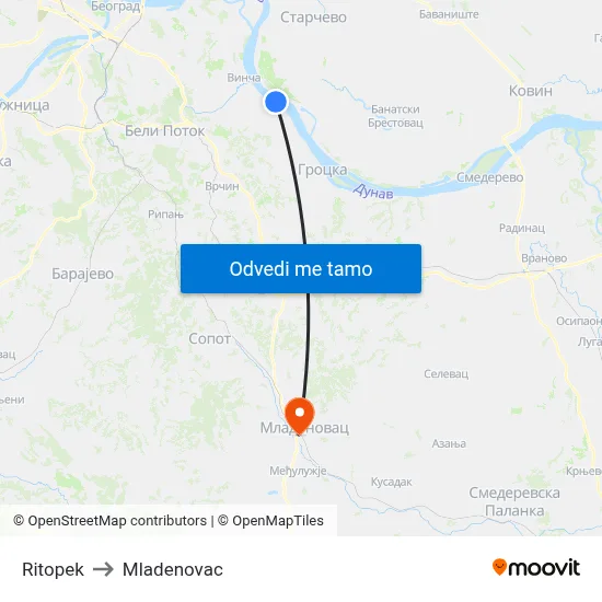 Ritopek to Mladenovac map