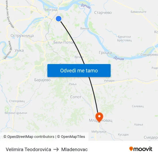 Velimira Teodorovića to Mladenovac map