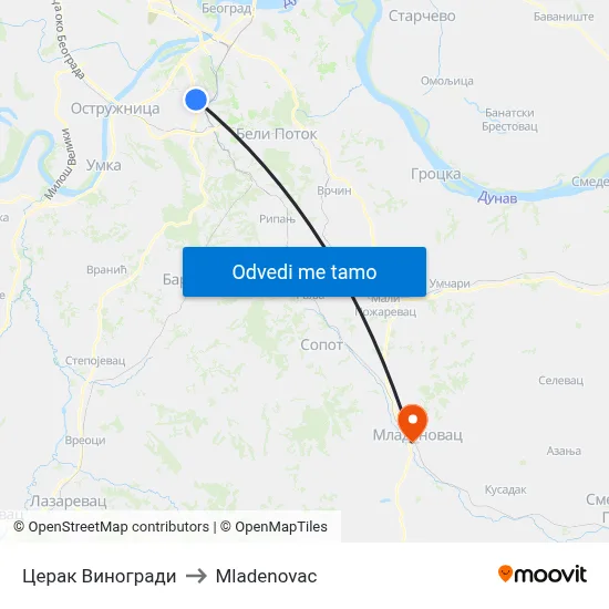 Церак Виногради to Mladenovac map