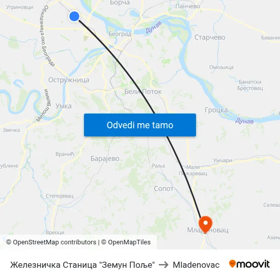 Железничка Станица "Земун Поље" to Mladenovac map