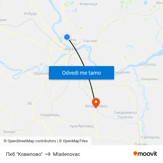 Пкб "Ковилово" to Mladenovac map