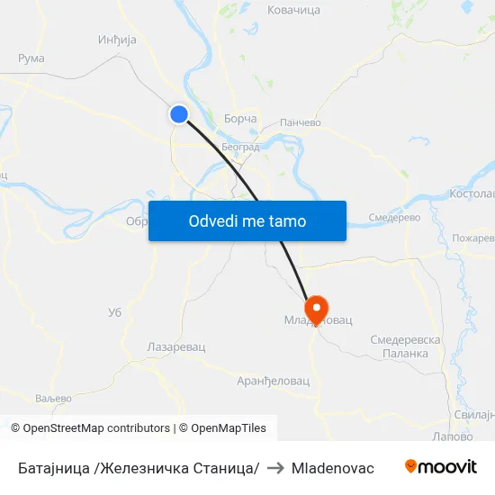 Батајница /Железничка Станица/ to Mladenovac map