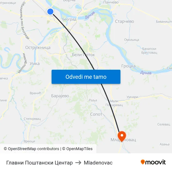 Главни Поштански Центар to Mladenovac map