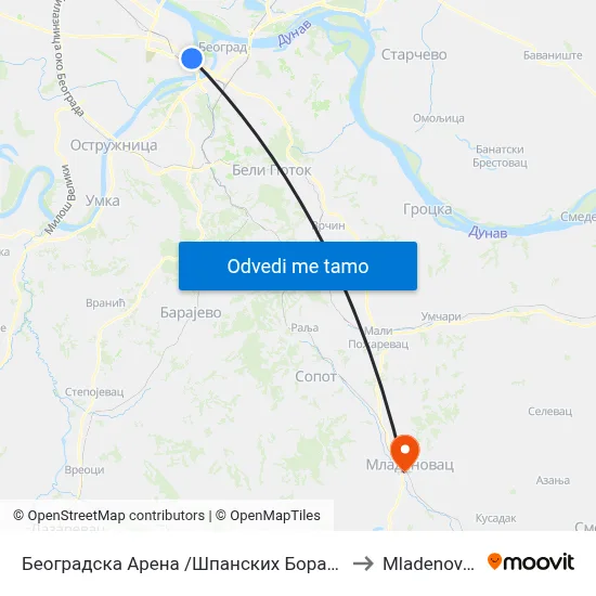 Београдска Арена /Шпанских Бораца/ to Mladenovac map