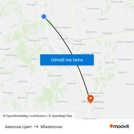 Авалски Цвет to Mladenovac map